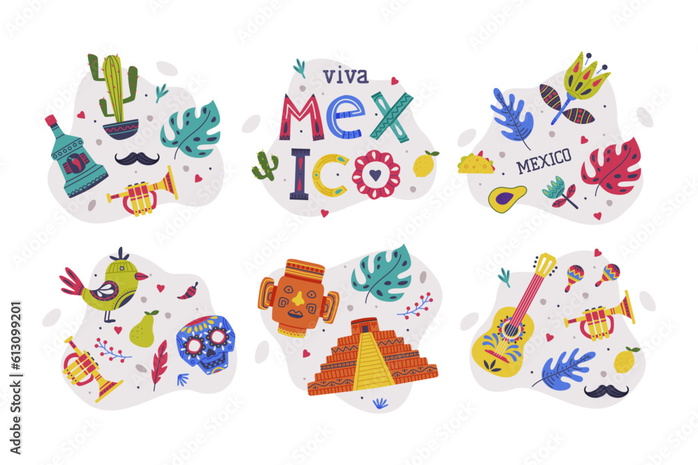 Poster bright mexico object with guitar, skull and tequila element vector composition set