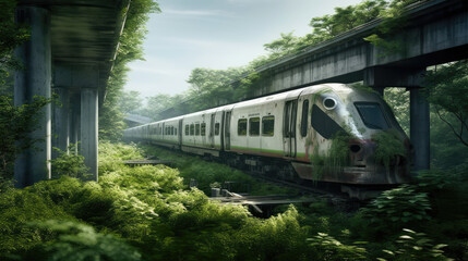 Train abandonné enveloppé par la végétation, aux côtés de structures humaines abandonnées, l'empreinte du temps.