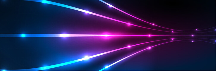 Shiny neon lights, dark abstract background with blurred magic neon light curved lines