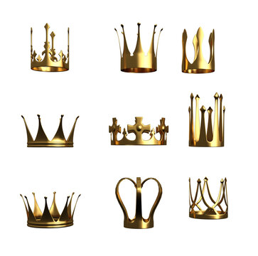 3d render set of crowns golden ornaments
