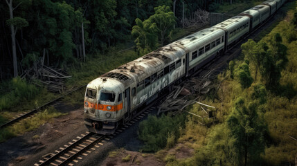 Naklejka premium Train abandonné et abîmé, émergé au cœur d'une forêt.