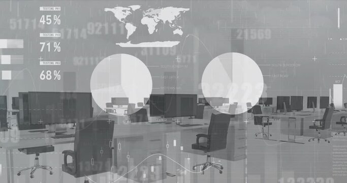 Animation of rainfall effect over data processing and changing numbers against emty office