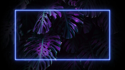 Neon frame on tropical palm leaves background. 80-90, neon, jungle concept.