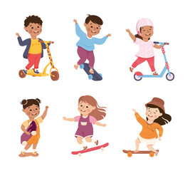 Little Girl and Boy on Scooter and Skateboard in Skate Park Having Fun and Enjoying Recreational Activity Vector Set