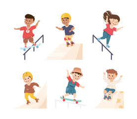 Little Girl and Boy on Roller Skates and Skateboard in Skate Park Having Fun and Enjoying Recreational Activity Vector Set