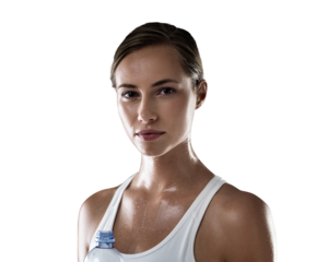 Relax, portrait or woman sweating with water bottle in training, workout or exercise for wellness. Fatigue, sport or tired face of girl resting on fitness break isolated on transparent png background