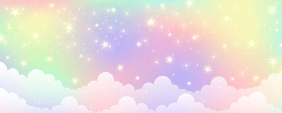 Cloudy sky background. Unicorn fantasy pastel galaxy. Rainbow cute wallpaper. Fluffy magic pink landscape. Vector illustration