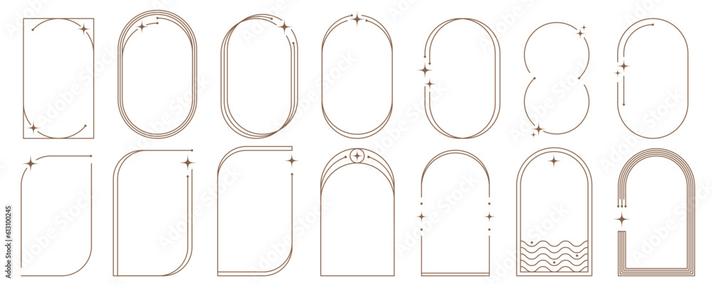 Poster aesthetic frame shape. outline minimal graphic elements with stars. abstract boho arches with sparkl