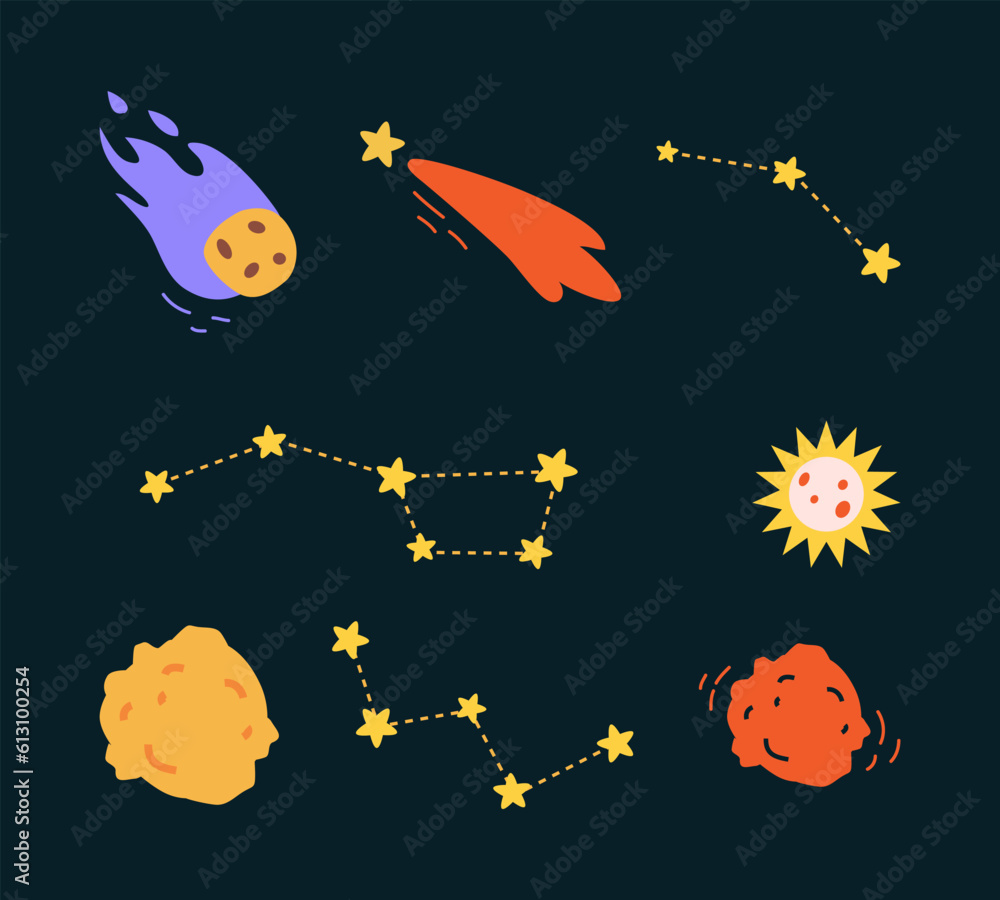 Poster falling comet or meteor and asteroid as space adventure and galaxy exploring vector illustration set