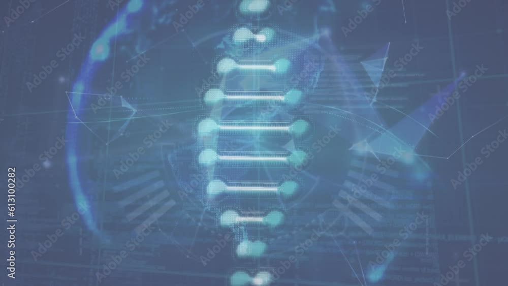 Poster animation of dna structure spinning over globe of plexus networks and data processing