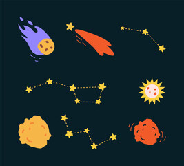 Fototapeta na wymiar Falling Comet or Meteor and Asteroid as Space Adventure and Galaxy Exploring Vector Illustration Set