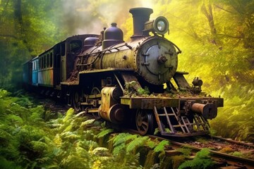 Fototapeta premium Train rides in a natural area, retro style. Old steam locomotive. Generative AI