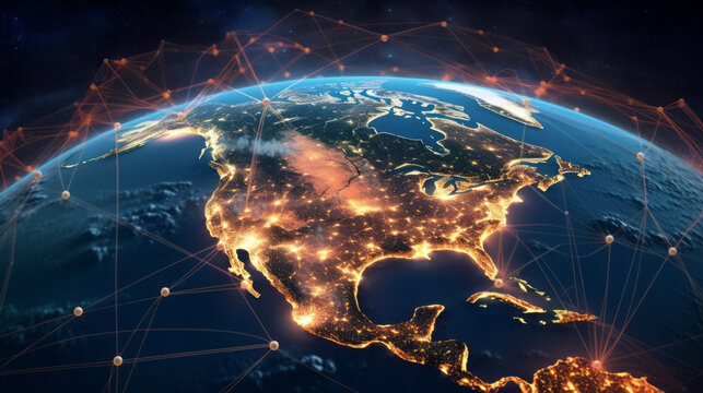 Planet Earth at night from space showing North America connected to the rest of the world, global community concept illustration. 