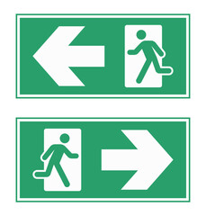 Emergency exit directional sign. Left exit and Right exit. Vector stock illustration. - obrazy, fototapety, plakaty