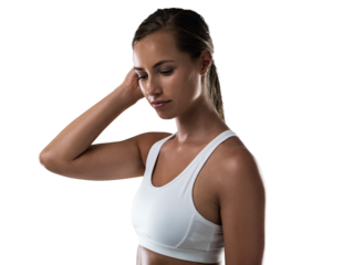 Relax, thinking or woman on fitness break fixing hair in training, workout or exercise for wellness. Thoughtful, sports idea or tired girl with fatigue resting isolated on transparent png background