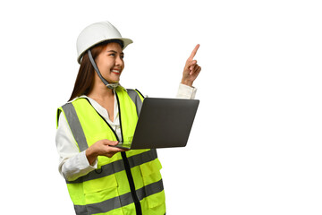 Portrait Asian woman engineer in safety helmet holding laptop and pointing finger on empty space isolated on white background