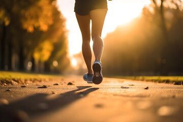 Legs of a female running, young woman jogging in the park under beautiful  sunlight. Fitness, wellness, healthy lifestyle, motivation, productive concept. Generative AI