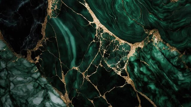 Luxury Green Marble stone with gold lines background texture. Slow panoramic camera motion, macro with deep focus (blur). High detailed 4K video.  Pattern texture surface panning background. 