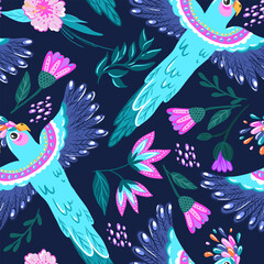 Tropical pattern with parrots and tropical leaves and flowers. Vector seamless texture. Fashionable illustration.