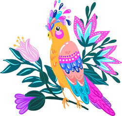 Print with parrot and tropical flowers and plants. Print for t-shirt, clothing, cards, message and more design.