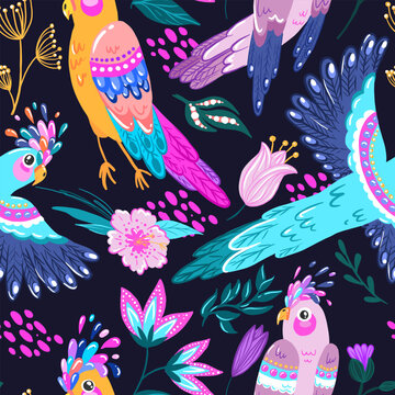 Tropical pattern with parrots and tropical leaves and flowers. Vector seamless texture. Fashionable illustration.