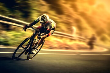 A dynamic image portraying a determined cyclist pushing their limits in a thrilling sprint towards the finish line in a road race.