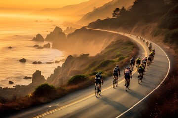 An energizing photo capturing a breakaway group of cyclists, racing along a picturesque coastal road, epitomizing determination and focus.
