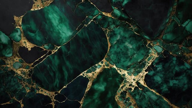 Luxury Green Marble stone with gold lines background texture. Slow panoramic camera motion, macro with deep focus (blur). High detailed 4K video.  Pattern texture surface panning background. 