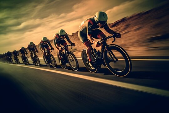  A dynamic image of a cycling team working in perfect synchrony during a time trial race, illustrating the importance of teamwork in the sport.