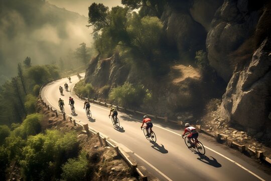 An adrenaline-filled photo of cyclists racing down a winding mountain road during a competitive event, capturing the thrill and speed of downhill racing.