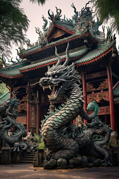 A dragon sculpture on the eaves of Chinese temple Generative AI