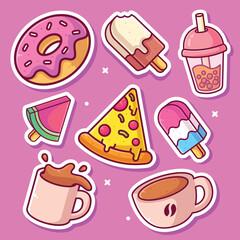 Set of Food and Drinks stickers icons vector illustrations