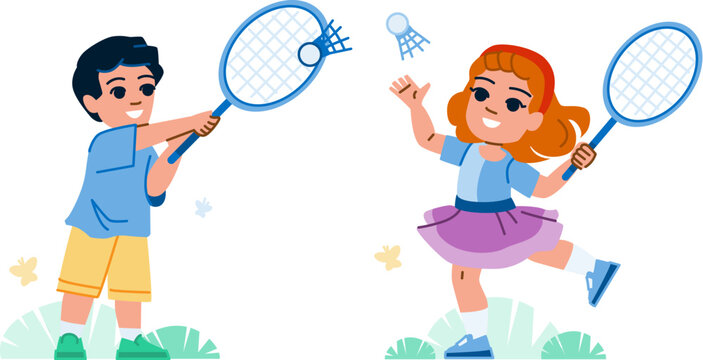 badminton kid vector. active activity, game play, sport player, young exercise, child boy badminton kid character. people flat cartoon illustration