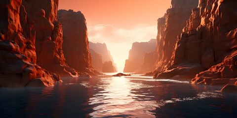 Fototapeta na wymiar 3d render, futuristic landscape with cliffs and water. Modern minimal abstract background. Spiritual zen wallpaper with sunset or sunrise light