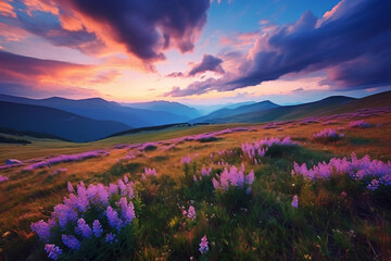 Naklejka na ściany i meble the beauty of nature in a serene landscape, showcasing a colorful sunset over a picturesque mountain range. Use a wide-angle lens to emphasize the vastness of the scene
