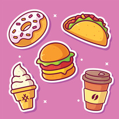 Set of Food and Drinks stickers icons vector illustrations