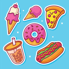 Set of Food and Drinks stickers icons vector illustrations