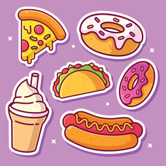 Set of Food and Drinks stickers icons vector illustrations