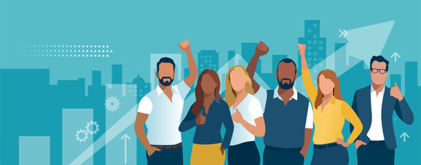 Success. A group of six colleagues celebrate a success. Vector flat style illustration.