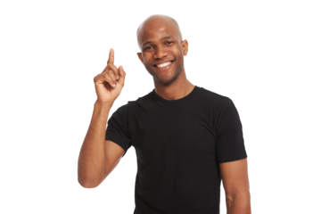 Black man with smile is pointing up, advertising announcement and info isolated on transparent png background. African male ambassador, marketing and show sign, direction and news with branding