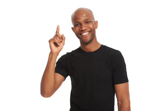 Black man with smile is pointing up, advertising announcement and info isolated on transparent png background. African male ambassador, marketing and show sign, direction and news with branding