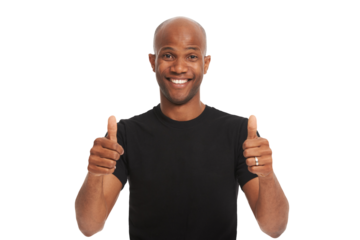 Black man, portrait and thumbs up with support and agreement isolated on transparent png background. Hands, sign and male model smile with like emoji, feedback or review, hand gesture and thank you