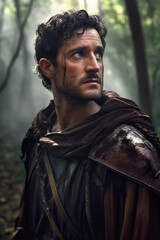 Portrait of Roman legionary after a battle in a forest in Germania (Generative AI)