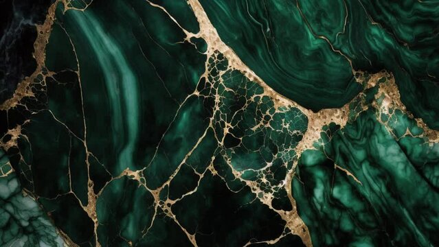 Luxury Green Marble stone with gold lines background texture. Slow panoramic camera motion, macro with deep focus (blur). High detailed 4K video.  Pattern texture surface panning background. 
