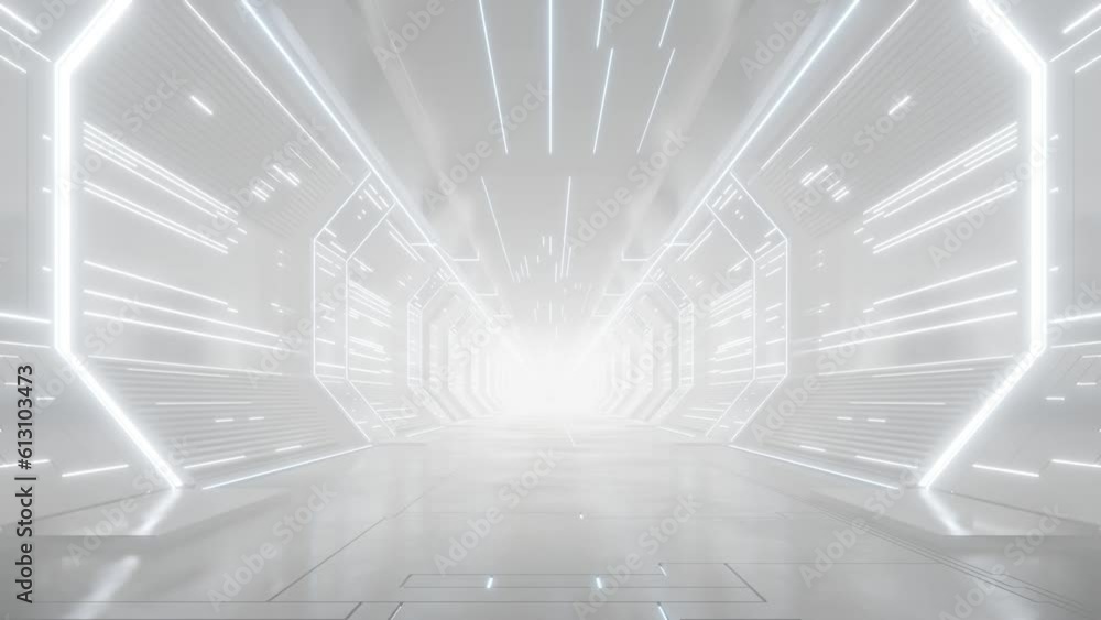 Poster 3d rendering of white abstract sci-fi tunnel, Futuristic spaceship corridor. Loop animation.