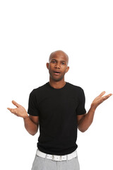 Shrugging, confused and portrait of a black man with doubt, question and why reaction. Young,...