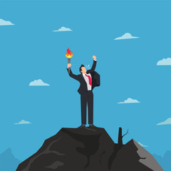 Businessman standing on hilltop and holding fire torch. Business spirit concept design vector illustration
