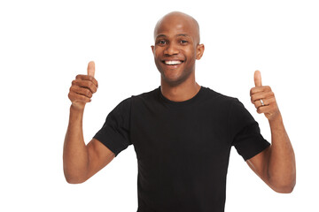 Black man, portrait and thumbs up with support and hand gesture emoji isolated on transparent png...