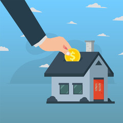 Vector businessman hand putting coin into slot at roof of the house. Saving money to buy house illustration