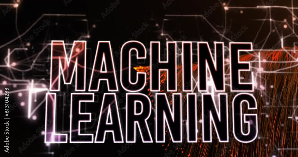 Poster animation of machine learning text banner and glowing light trails against black background